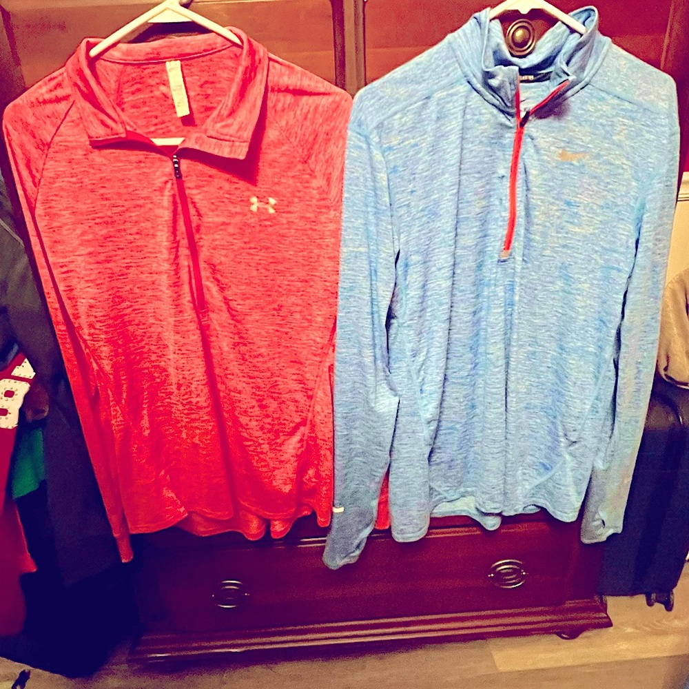 One Under Armour coral pink in color. Could be for men or women. Blue Nike same.